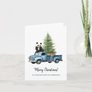 Lustiger Panda in blauem Vintage-Van-Weihnachten Karte