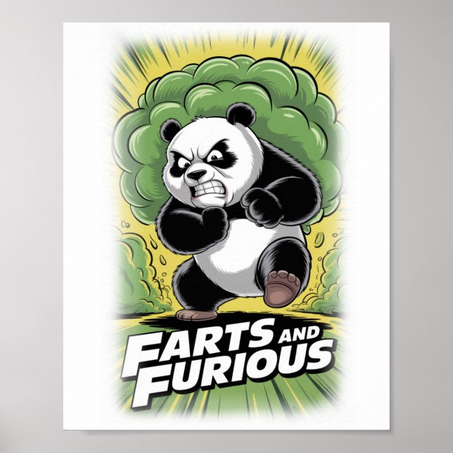 Lustiger Panda läuft und furzt auf einem Weißen Poster (Vorne)