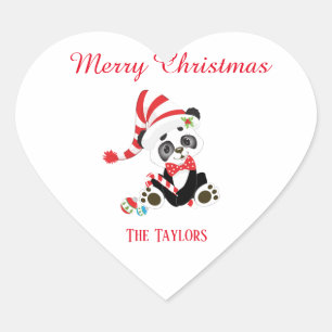 Lustiger Panda wartete Weihnachten Herz-Aufkleber