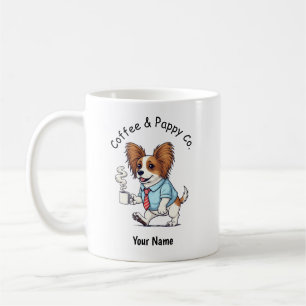 Lustiger Papillon-Hund im Geschäftsanzug Kaffee  Kaffeetasse
