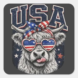 Lustiger patriotischer Highland-Kuh USA Fourth Of Quadratischer Aufkleber