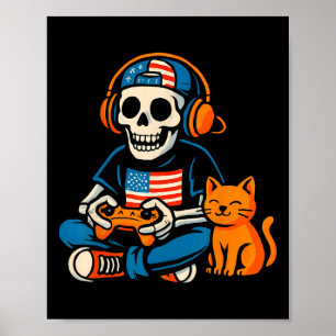 Lustiger Patriotischer Skelett-Gamer-Cartoon-Video Poster