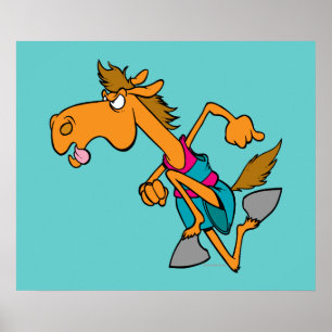 lustiger Pferderennfahrer Cartoon Pferd läuft Poster