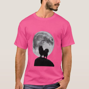 Lustiger Pom Pomeranian Mond und Hund Silhouette T-Shirt