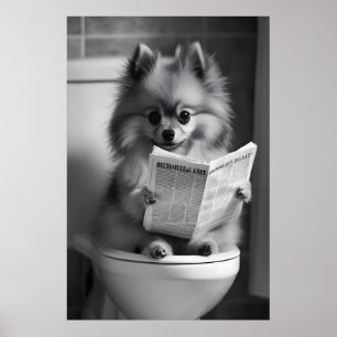 Lustiger Pomeranian-Badezimmerdruck, Zeitung lesen Poster