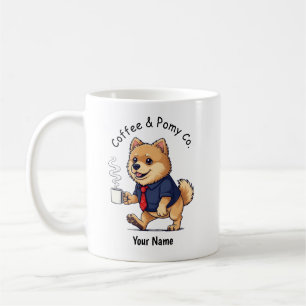 Lustiger Pomeranian-Hund im Geschäftsanzug Kaffee Kaffeetasse