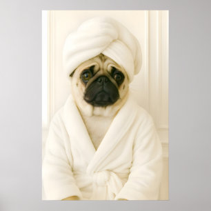 Lustiger Pug-Badezimmerdruck, Pug im Bademantel-Po Poster