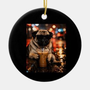 Lustiger Pug, der Eiskaffee trinkt, süßes Geschenk Keramik Ornament