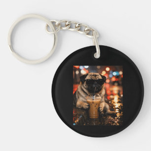 Lustiger Pug, der Eiskaffee trinkt, süßes Geschenk Schlüsselanhänger