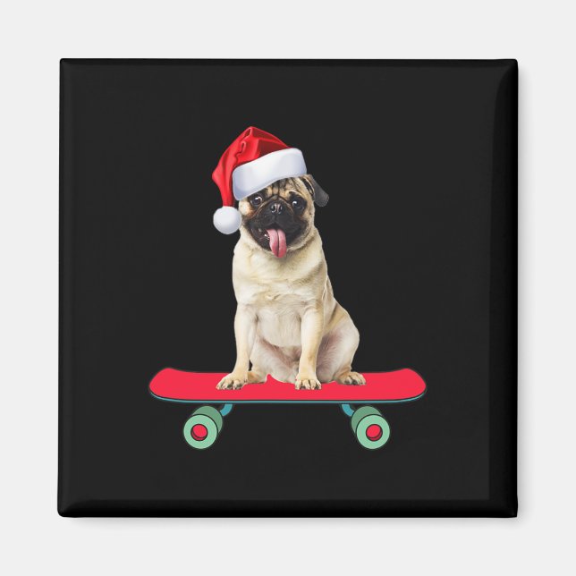 Lustiger Pug-Hund Skateboard fahrender Weihnachtsm Magnet (Vorne)
