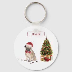 Lustiger Pug-Weihnachtshund mit Baum Schlüsselanhänger