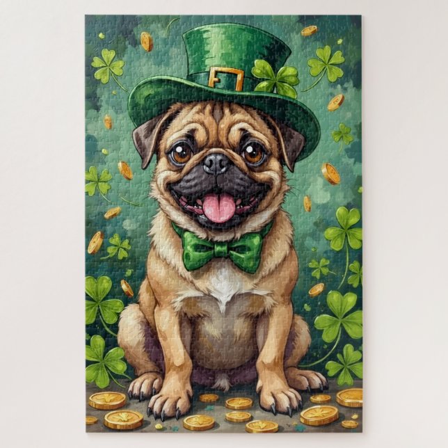 Lustiger Pug zum St. Patrick's Day Glückshund Puzzle (Vertikal)