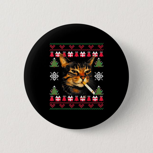 Lustiger rauchender Katzen-Meme hässlicher Weihnac Button (Vorderseite)