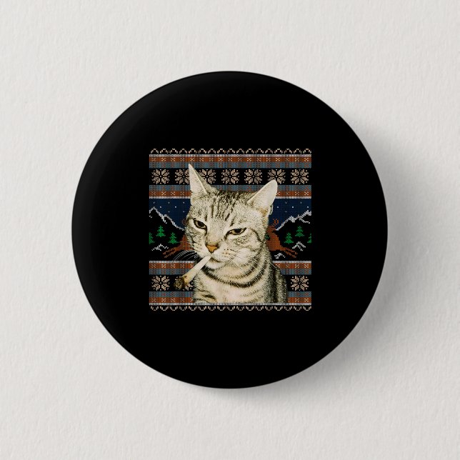 Lustiger rauchender Katzen-Meme-Weihnachts-hässlic Button (Vorderseite)