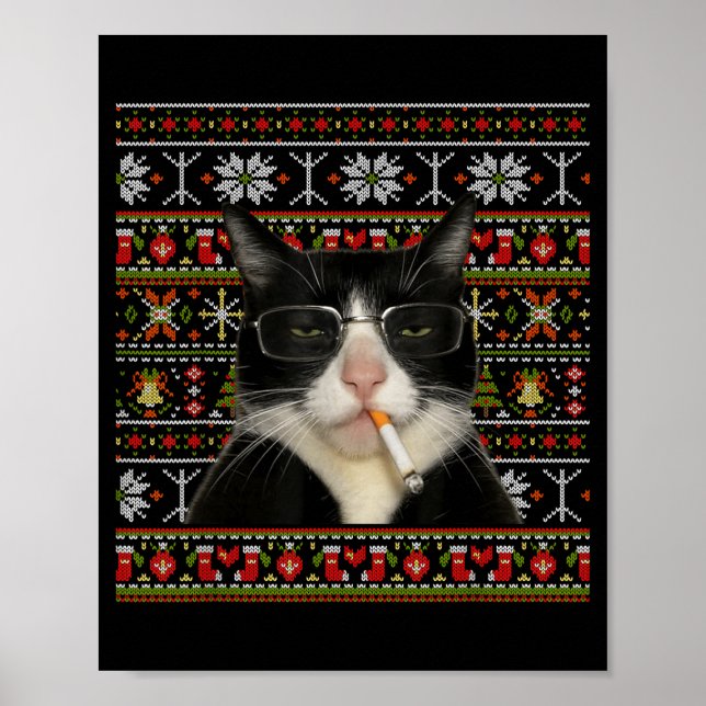 Lustiger rauchender Katzen-Meme-Weihnachts-hässlic Poster (Vorne)