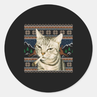 Lustiger rauchender Katzen-Meme-Weihnachts-Hässlic Runder Aufkleber
