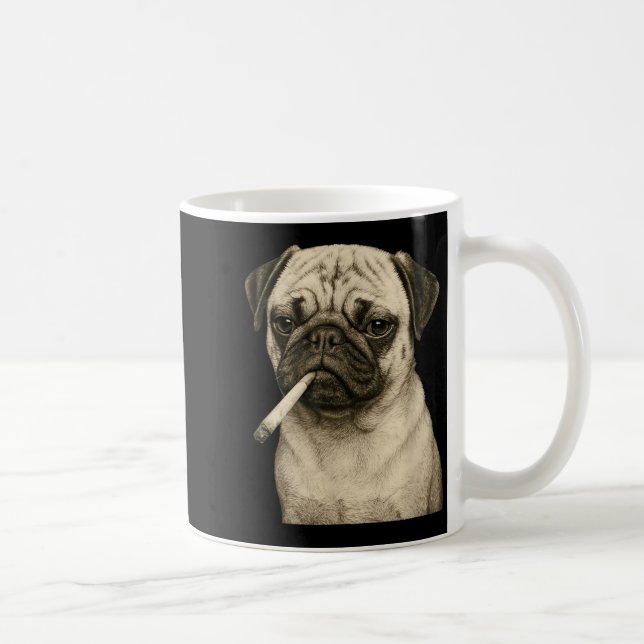 Lustiger rauchender Mops-Hund raucht Zigarette Gen Kaffeetasse (Rechts)