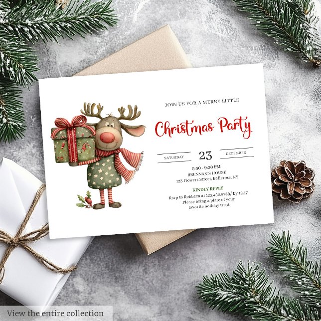 Lustiger Rentier rot grün druckbare Weihnachten  Einladung (Funny Reindeer red green printable Christmas invite)