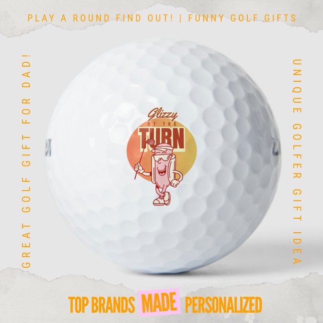 Lustiger Retro-Golf-Hotdog-Maskottchen Glizzy an d Golfball (Custom Funny Golf Ball Gifts for Dad From Play A Round Find Out, “Glizzy at the turn”)