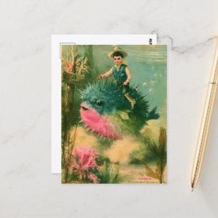 Lustiger Retro Kugelfisch Cowboy Postkarte