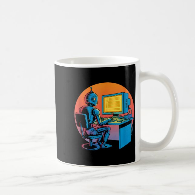 Lustiger Retro-Roboter codiert Computerbildschirm  Kaffeetasse (Rechts)
