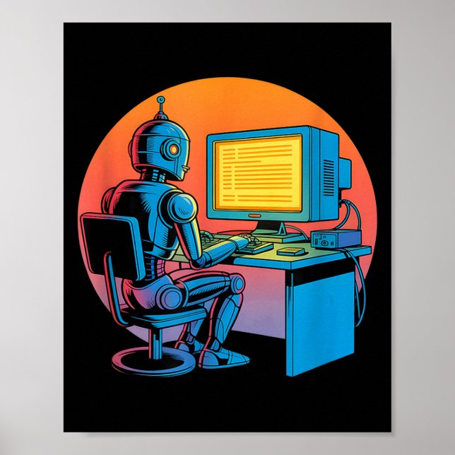 Lustiger Retro-Roboter codiert Computerbildschirm  Poster (Vorne)