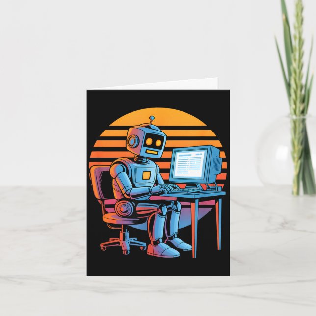 Lustiger Retro-Roboter programmiert Computerbildsc Karte (Vorderseite)