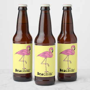 Lustiger Retro-Strand Sunny Beachin' rosa Flamingo Bierflaschenetikett