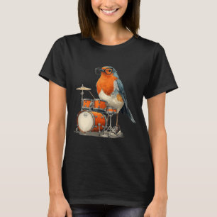 Lustiger Robin Vogel mit Brille und rockenden Drum T-Shirt
