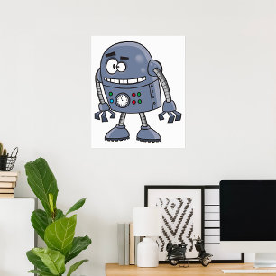 Lustiger Roboter-Charakter Cute Blue Retro Poster