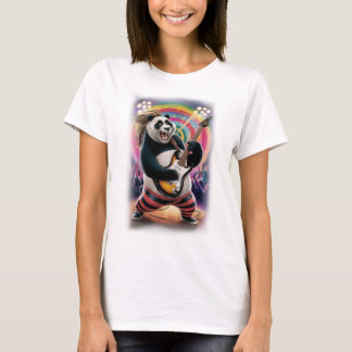 Lustiger Rocker Panda spielt Rock auf einem Schwar T-Shirt