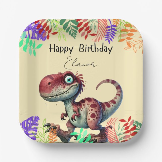 Lustiger rosa Dinosaurier Kindergeburtstag Pappteller (Vorderseite)