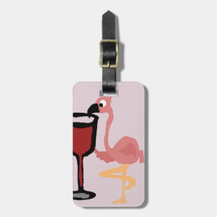 Lustiger rosa Flamingo, der Rotwein trinkt Gepäckanhänger