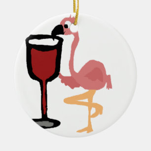 Lustiger rosa Flamingo, der Rotwein trinkt Keramik Ornament