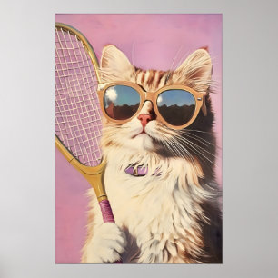 Lustiger rosa Katzen-Tennis-Kunst-Druck - Süße Wan Poster