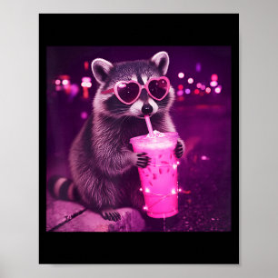 Lustiger rosa Waschbär trinkt Eiskaffee - süß Poster