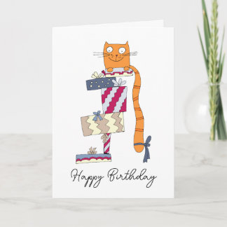 Lustiger Rotschopf sitzt auf einem Geschenkestapel Karte