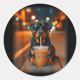 Lustiger Rottweiler, der Kaffee mit Eis trinkt, Li Runder Aufkleber
