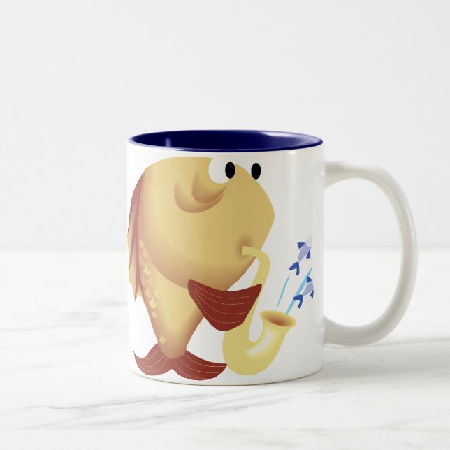 Lustiger Saxophone, der Fisch-Tasse spielt Zweifarbige Tasse (Rechts)