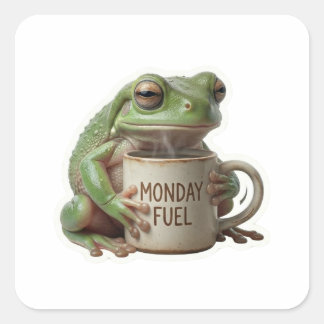 Lustiger schlafender Frosch trinkt Kaffee Montag K Quadratischer Aufkleber