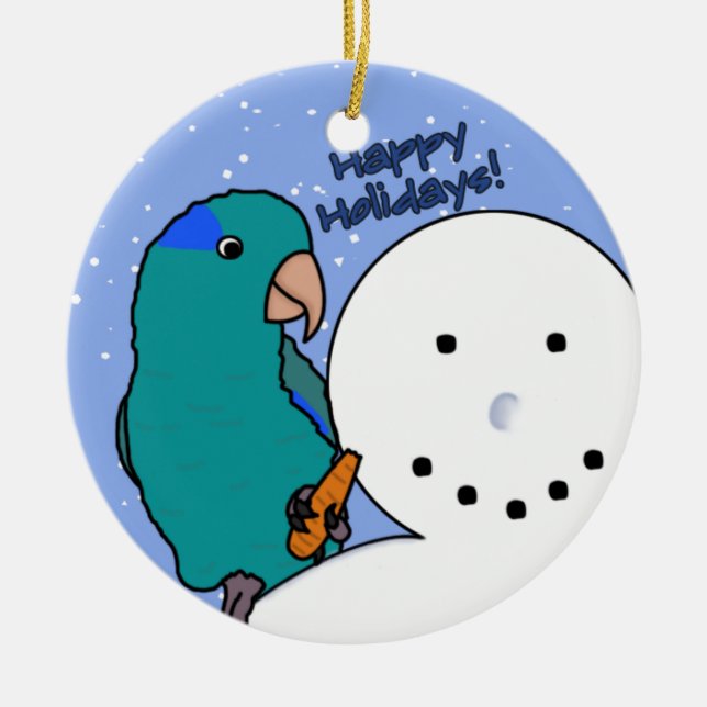 Lustiger Schneemann blaue Parrotlet Verzierung Keramikornament (Vorne)