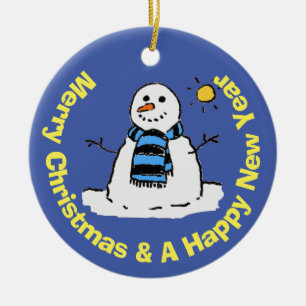 Lustiger Schneemann in einer frostigen Winterlands Keramik Ornament