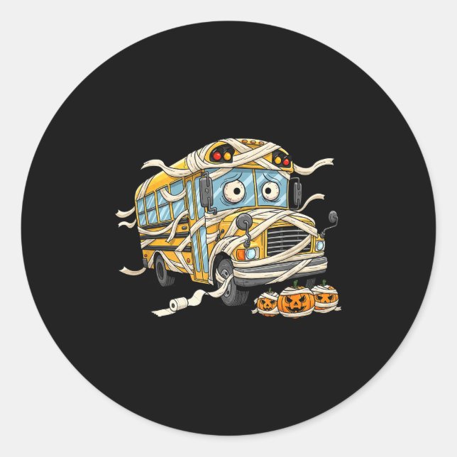 Lustiger Schulbus-Mummy-Kürbis-Halloween-Kinder He Runder Aufkleber (Vorderseite)