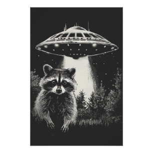 Lustiger Schwarz-Weiß-Weltraum-Waschbär-UFO Poster