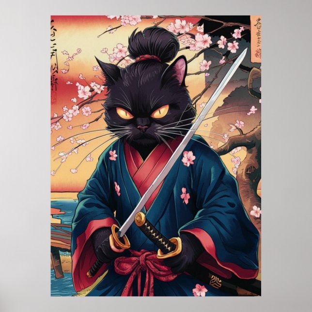 Lustiger schwarzer Katze Samurai  Poster (Vorne)