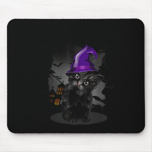 Lustiger schwarzer Katzenhexenhut für Halloween Mousepad (Vorne)
