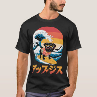 Lustiger schwarzer Mops-Hund japanische Kanagawa-W T-Shirt
