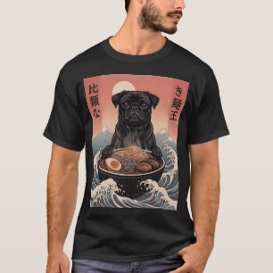 Lustiger schwarzer Pug japanische Ramen-Nudeln Vin T-Shirt