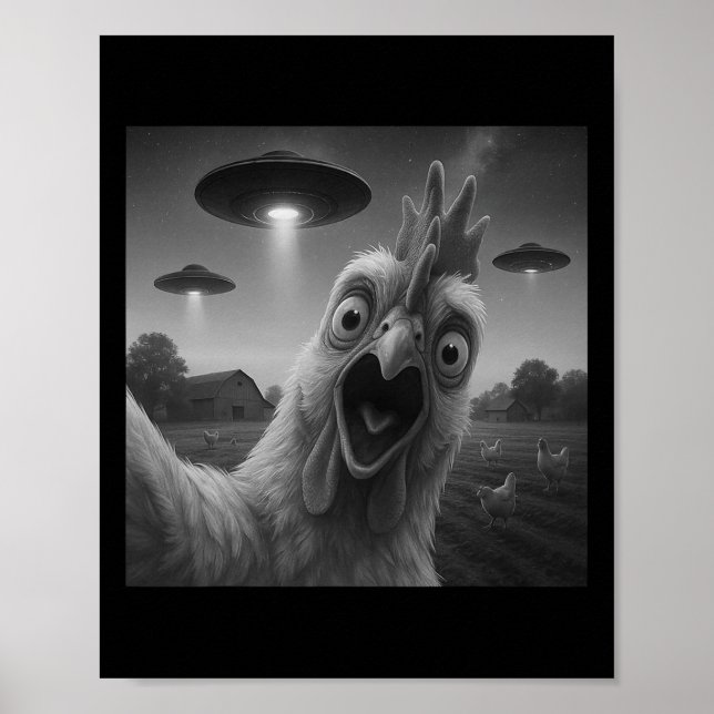 Lustiger Selfie-Hahn mit UFOs Wei Poster (Vorne)