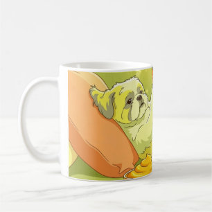 Lustiger Shih Tzu Hund entspannt auf Sofa mit Snac Kaffeetasse